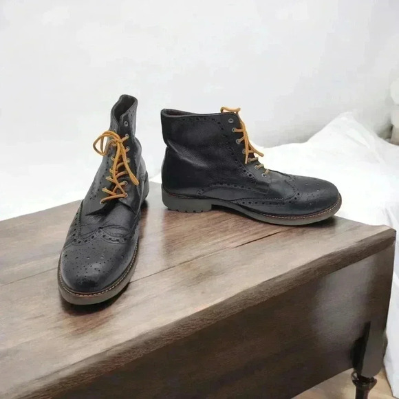 Black Leather Wing Tip Combat Boots Men's sz 12 by Floyd made in Portugal - Picture 1 of 10